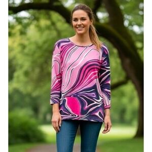 Sara Morgan Womens Abstract Swirl Pink Purple Long Sleeve Top Shirt XL Casual